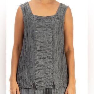 GRIZAS Square Neck Crinkled Anthracite Linen Silk Sleeveless Blouse Small